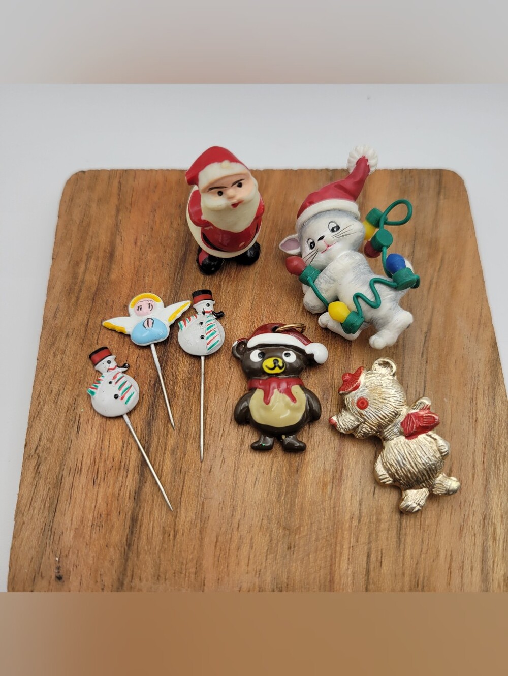 Vintage Holiday Brooches, Stick Pins, Figurine Santa, Charm Set